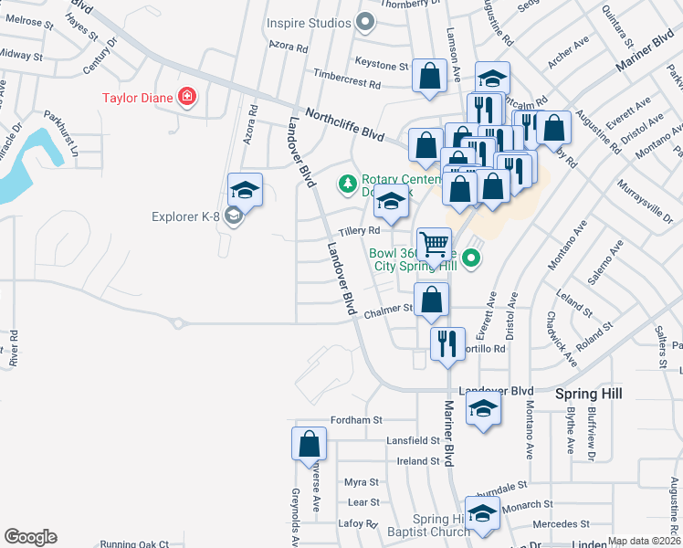 map of restaurants, bars, coffee shops, grocery stores, and more near 2831 Landover Boulevard in Spring Hill