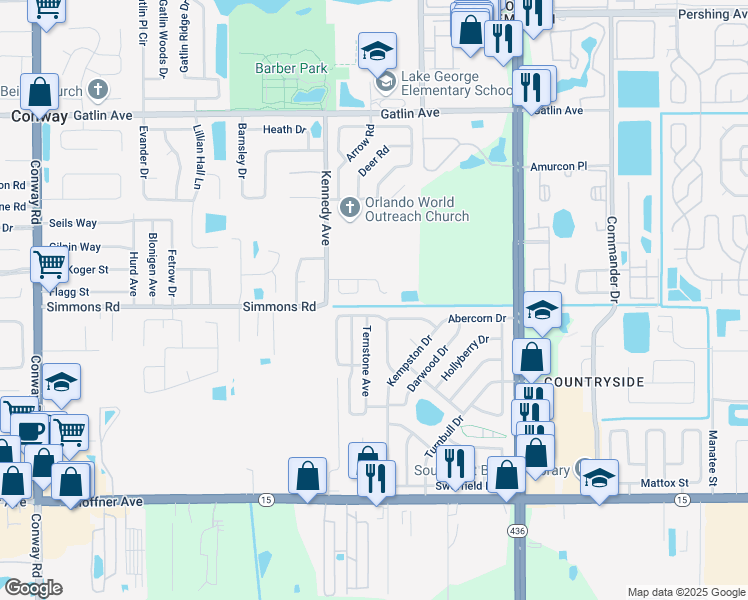 map of restaurants, bars, coffee shops, grocery stores, and more near 5428 Conway Oaks Court in Orlando