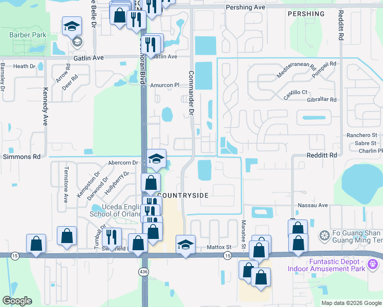 map of restaurants, bars, coffee shops, grocery stores, and more near 5057 Commander Drive in Orlando