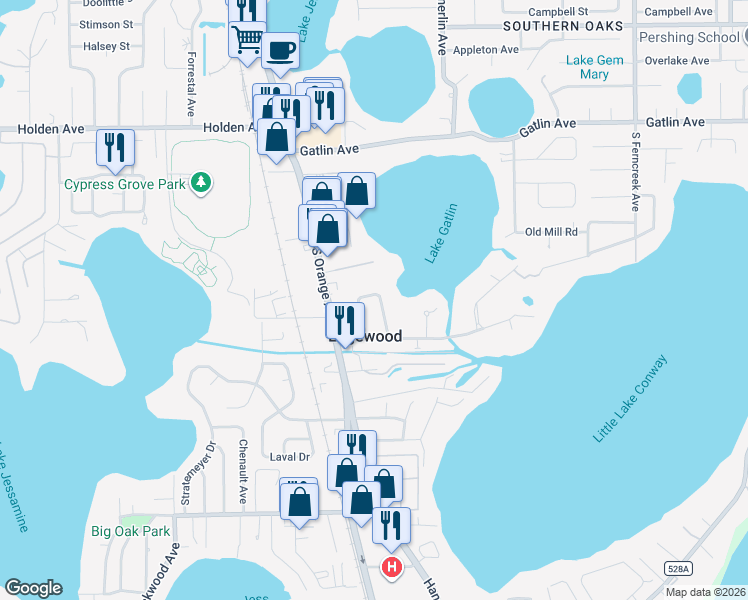 map of restaurants, bars, coffee shops, grocery stores, and more near 5117 The Oaks Circle in Orlando