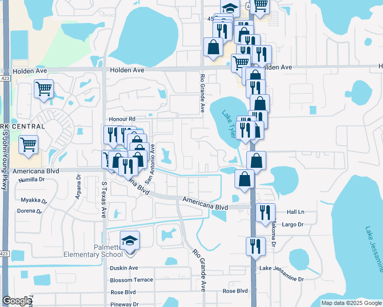 map of restaurants, bars, coffee shops, grocery stores, and more near 5234 Aventura Boulevard in Orlando
