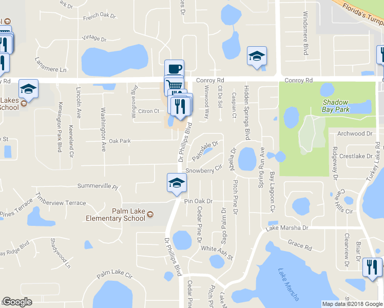 map of restaurants, bars, coffee shops, grocery stores, and more near 7775 Snowberry Circle in Orlando