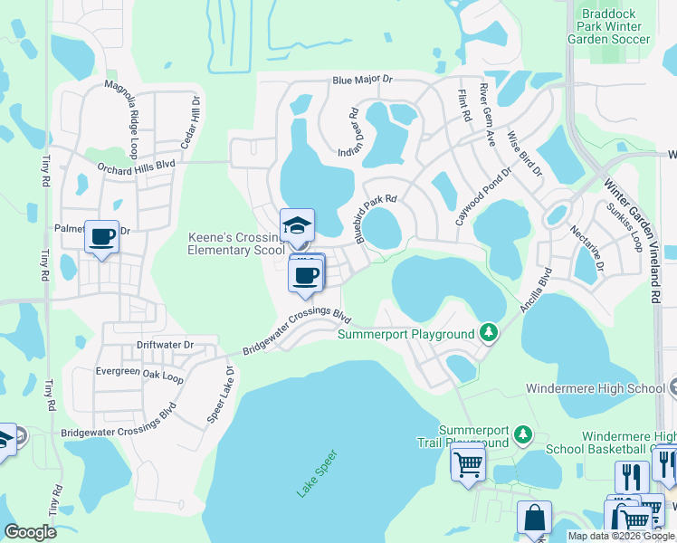 map of restaurants, bars, coffee shops, grocery stores, and more near 14216 Confetti Drive in Windermere