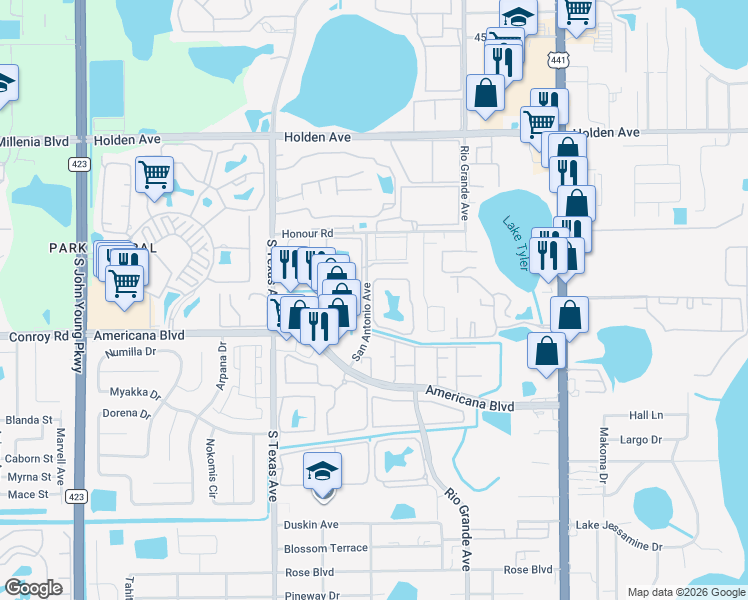 map of restaurants, bars, coffee shops, grocery stores, and more near 1980 Lake Fountain Drive in Orlando