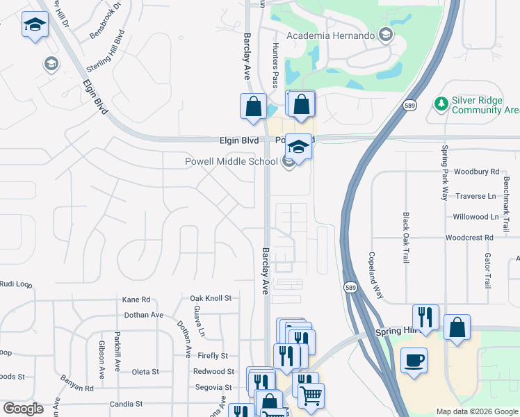 map of restaurants, bars, coffee shops, grocery stores, and more near 14296 Pullman Drive in Spring Hill