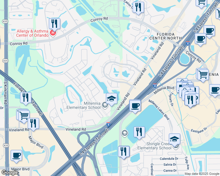map of restaurants, bars, coffee shops, grocery stores, and more near 4855 Walden Circle in Orlando