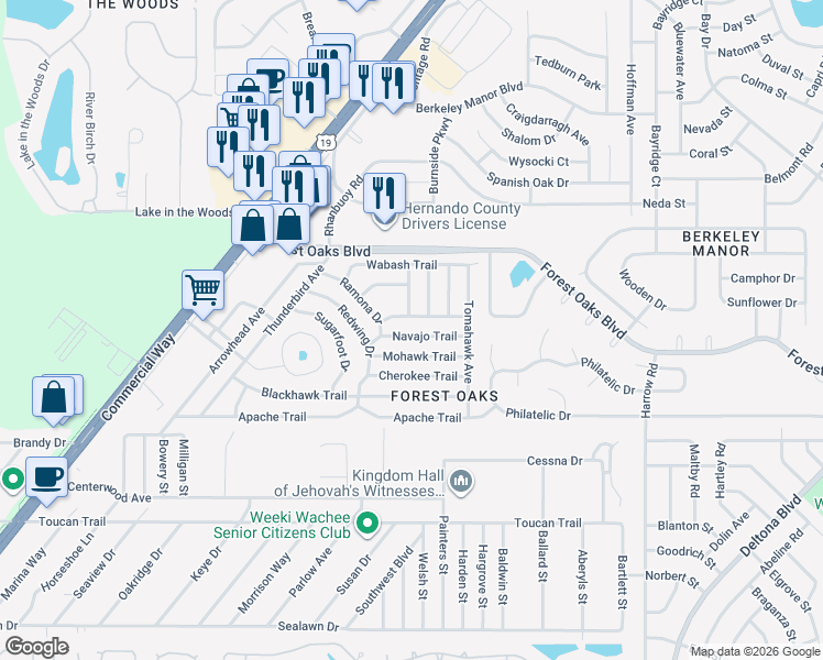 map of restaurants, bars, coffee shops, grocery stores, and more near 7449 Navajo Trail in Spring Hill