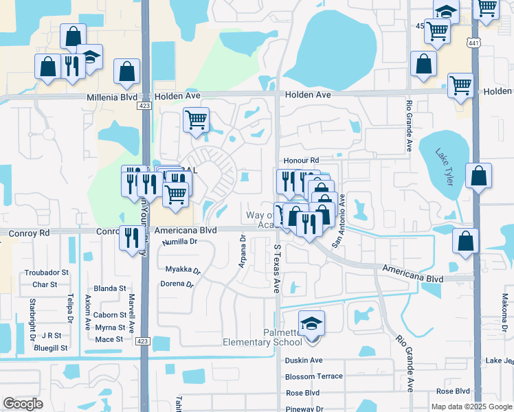 map of restaurants, bars, coffee shops, grocery stores, and more near 5133 Picadilly Circus Court in Orlando