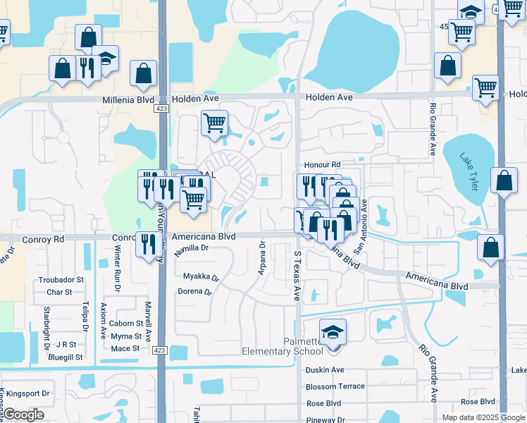 map of restaurants, bars, coffee shops, grocery stores, and more near 5133 Picadilly Circus Court in Orlando