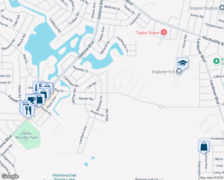 map of restaurants, bars, coffee shops, grocery stores, and more near 9598 River Road in Spring Hill
