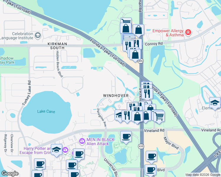 map of restaurants, bars, coffee shops, grocery stores, and more near 5086 Ernst Court in Orlando