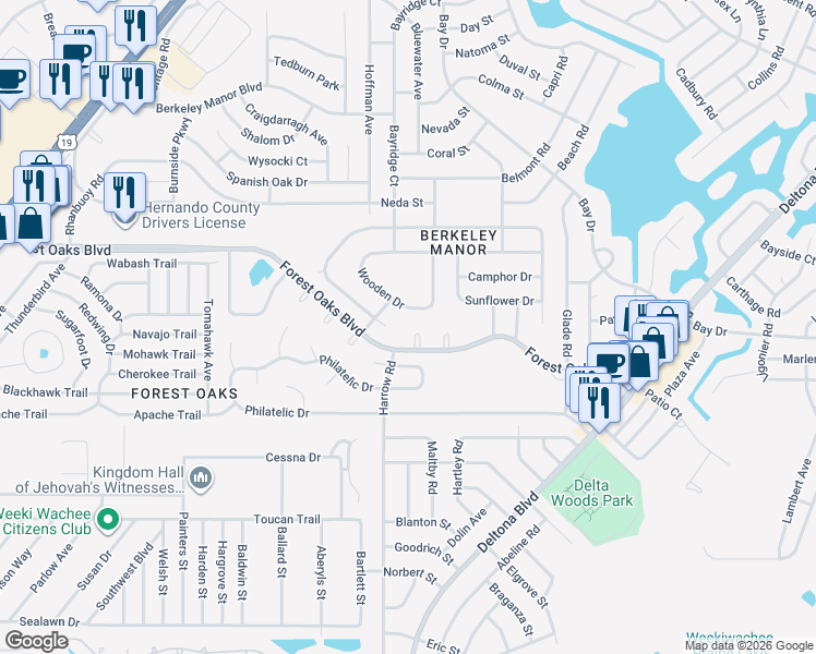 map of restaurants, bars, coffee shops, grocery stores, and more near 8309 Forest Oaks Blvd in Spring Hill