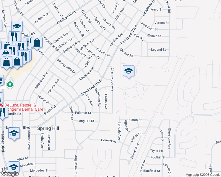 map of restaurants, bars, coffee shops, grocery stores, and more near 3525 Charmwood Avenue in Spring Hill