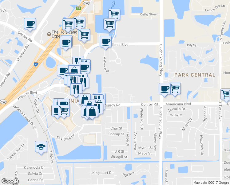 map of restaurants, bars, coffee shops, grocery stores, and more near 3725 Conroy Road in Orlando