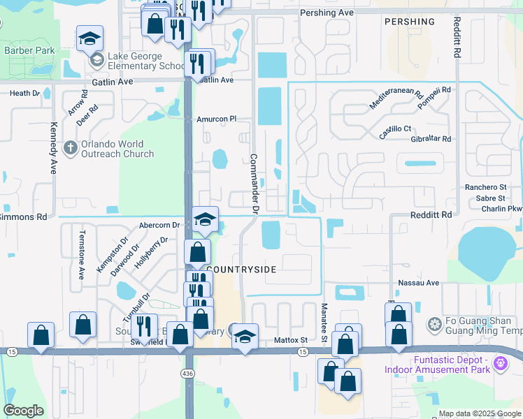 map of restaurants, bars, coffee shops, grocery stores, and more near 5057 Commander Drive in Orlando
