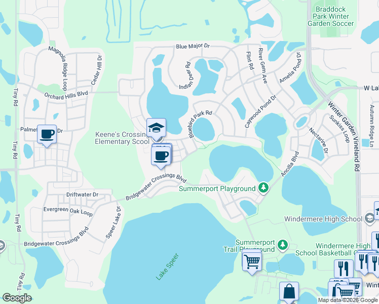 map of restaurants, bars, coffee shops, grocery stores, and more near 5327 Segari Way in Windermere