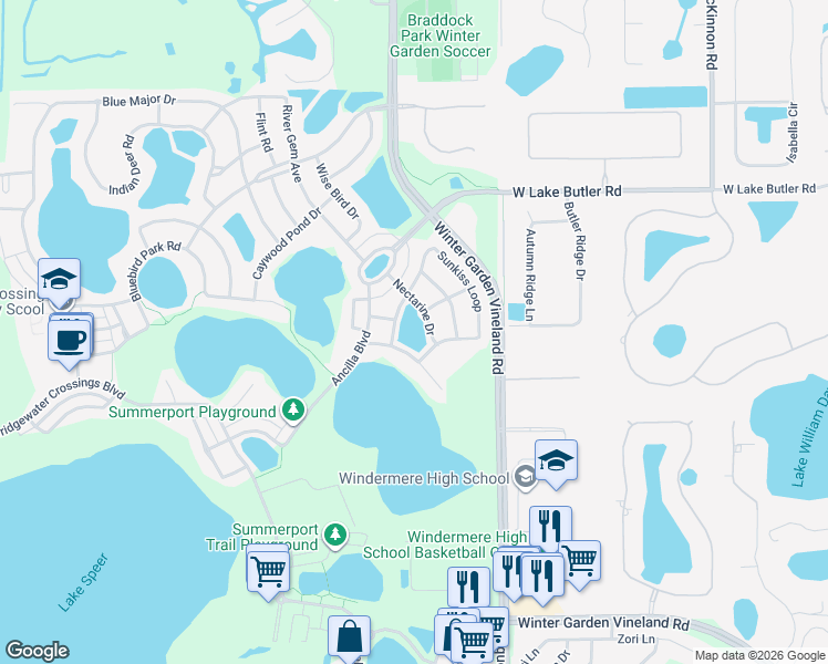 map of restaurants, bars, coffee shops, grocery stores, and more near 13531 Ancilla Boulevard in Windermere