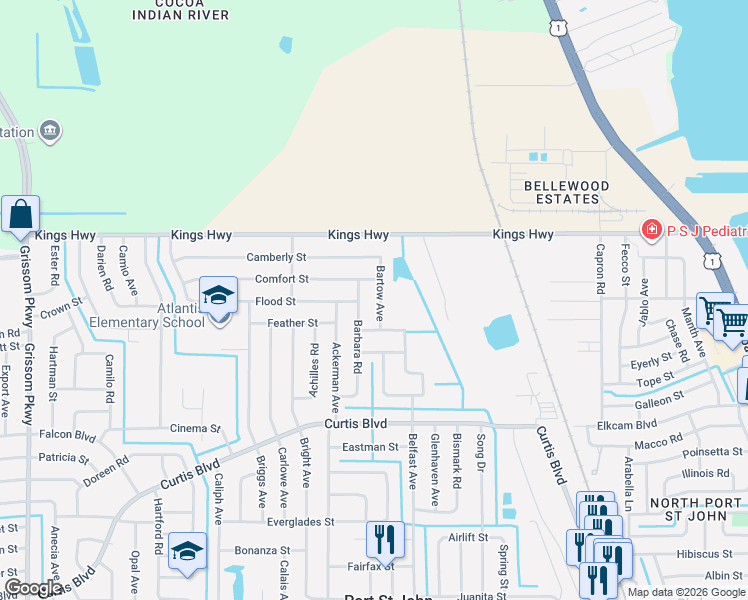 map of restaurants, bars, coffee shops, grocery stores, and more near 7350 Barbara Road in Cocoa
