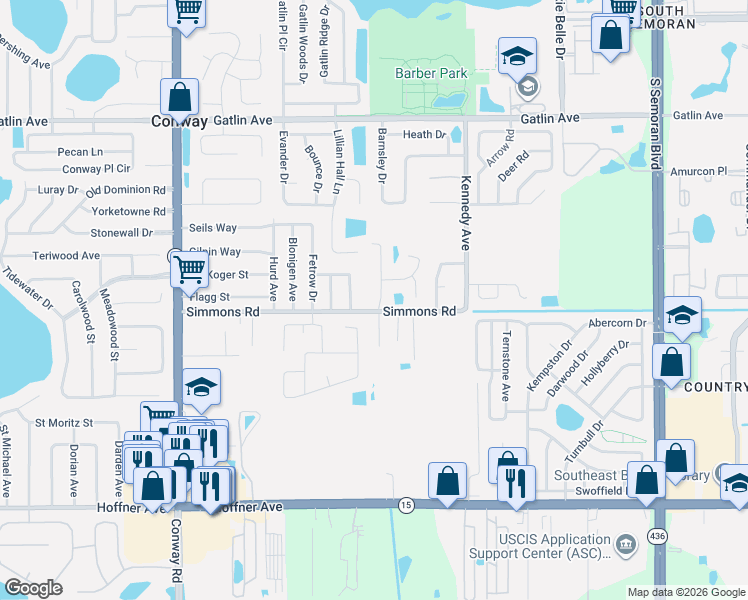 map of restaurants, bars, coffee shops, grocery stores, and more near 4602 Conway Landing Drive in Orlando