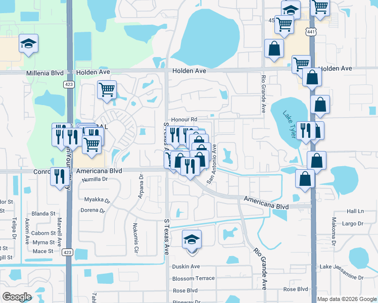 map of restaurants, bars, coffee shops, grocery stores, and more near 5176 Downing Street in Orlando