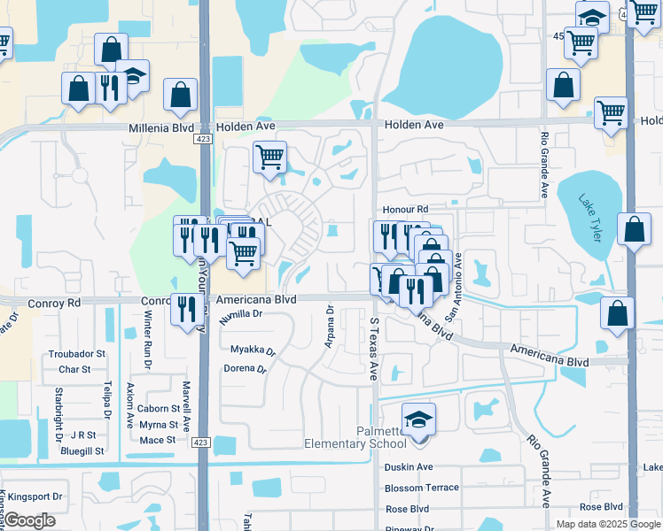 map of restaurants, bars, coffee shops, grocery stores, and more near 5133 Picadilly Circus Court in Orlando