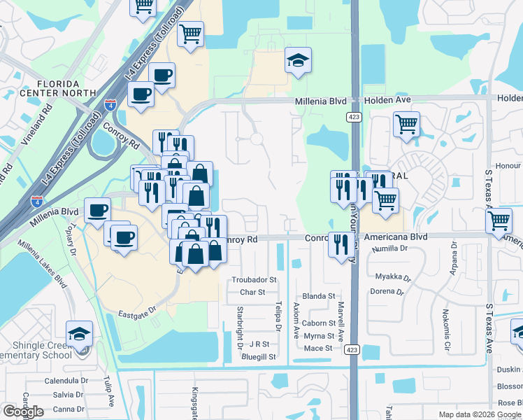 map of restaurants, bars, coffee shops, grocery stores, and more near 3713 Conroy Road in Orlando