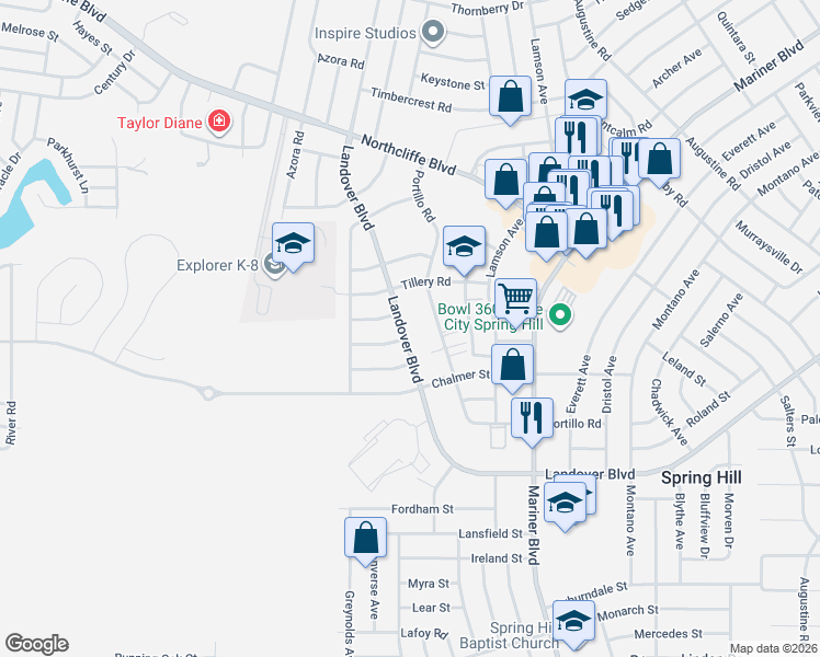 map of restaurants, bars, coffee shops, grocery stores, and more near 2831 Landover Boulevard in Spring Hill