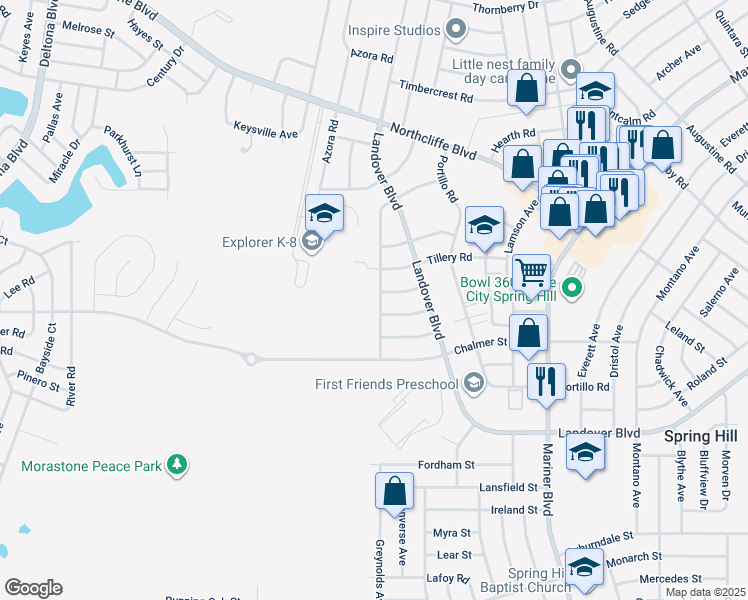map of restaurants, bars, coffee shops, grocery stores, and more near 4027 Jason Road in Spring Hill
