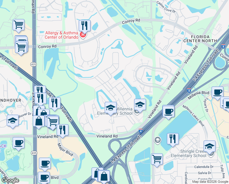 map of restaurants, bars, coffee shops, grocery stores, and more near 5049 Northlawn Way in Orlando