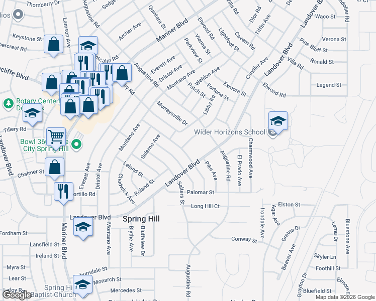 map of restaurants, bars, coffee shops, grocery stores, and more near 11363 Pickford Street in Spring Hill