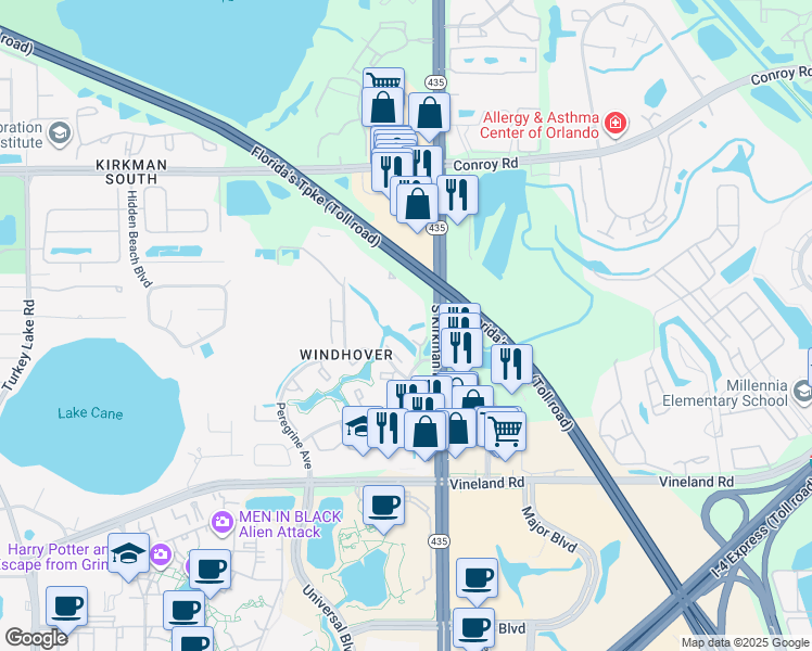map of restaurants, bars, coffee shops, grocery stores, and more near 5181 Westwinds Drive in Orlando