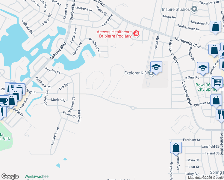 map of restaurants, bars, coffee shops, grocery stores, and more near Bay Drive in Spring Hill
