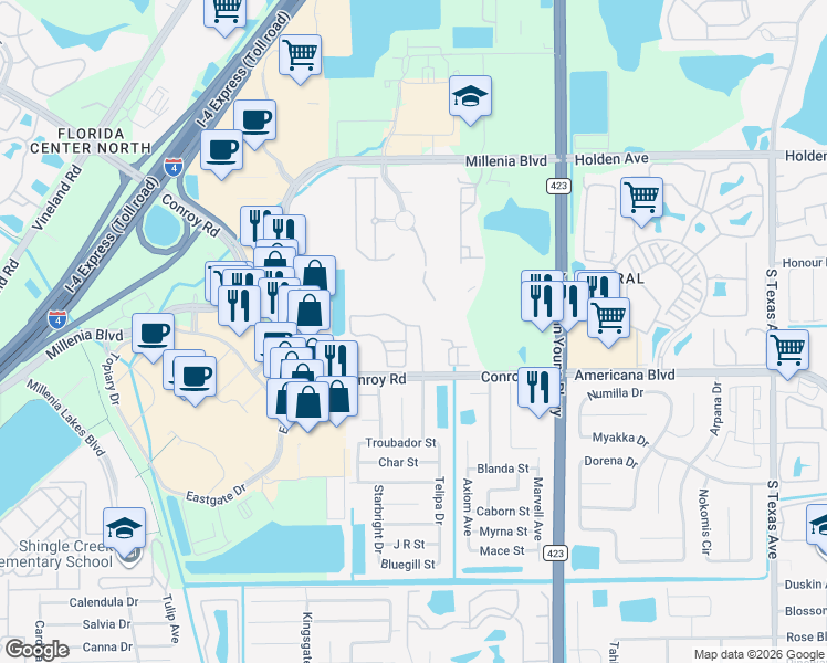 map of restaurants, bars, coffee shops, grocery stores, and more near 3713 Conroy Road in Orlando