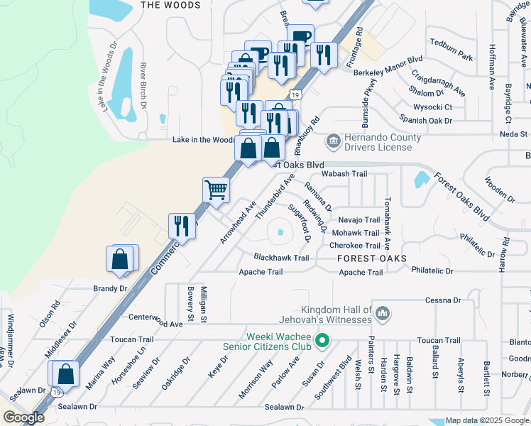 map of restaurants, bars, coffee shops, grocery stores, and more near 4060 Thunderbird Avenue in Spring Hill