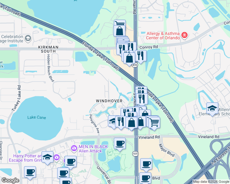 map of restaurants, bars, coffee shops, grocery stores, and more near 5101 Eaglesmere Drive in Orlando