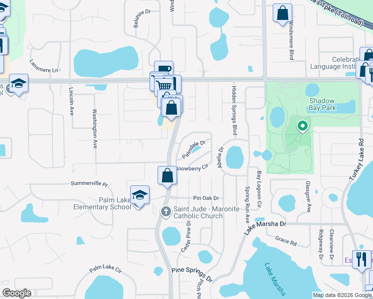 map of restaurants, bars, coffee shops, grocery stores, and more near 7775 Snowberry Circle in Orlando