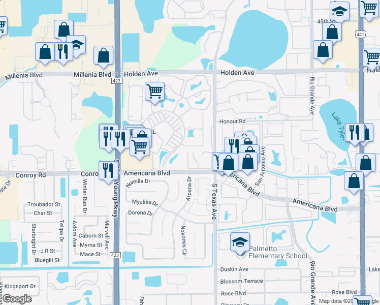 map of restaurants, bars, coffee shops, grocery stores, and more near 5133 Picadilly Circus Court in Orlando