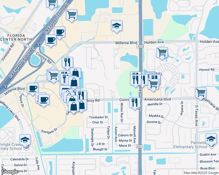 map of restaurants, bars, coffee shops, grocery stores, and more near 3577 Conroy Road in Orlando