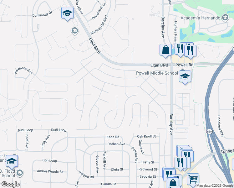 map of restaurants, bars, coffee shops, grocery stores, and more near 4024 Littleleaf Court in Spring Hill