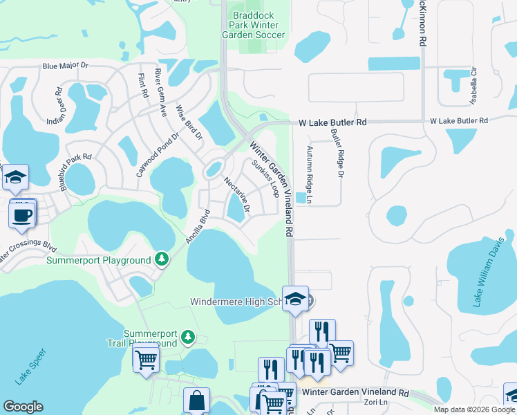 map of restaurants, bars, coffee shops, grocery stores, and more near 5344 Lemon Twist Lane in Windermere