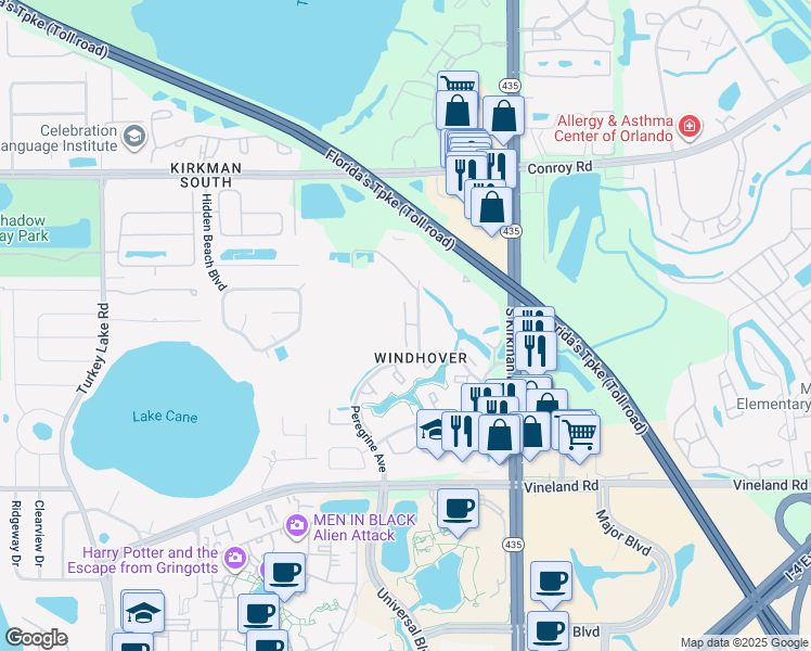 map of restaurants, bars, coffee shops, grocery stores, and more near Ernst Court in Orlando