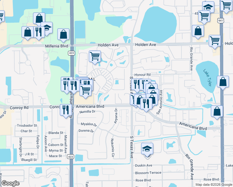 map of restaurants, bars, coffee shops, grocery stores, and more near 5133 Picadilly Circus Court in Orlando