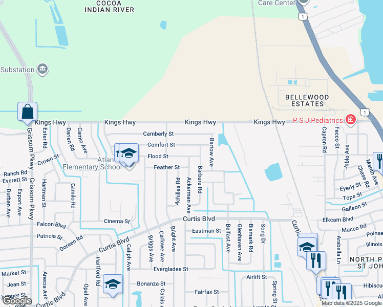 map of restaurants, bars, coffee shops, grocery stores, and more near 4370 Flood Street in Cocoa