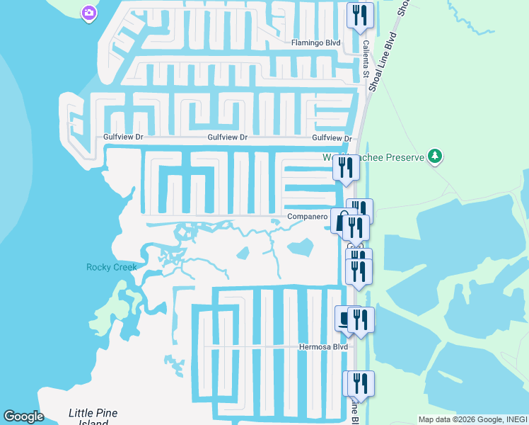 map of restaurants, bars, coffee shops, grocery stores, and more near 3449 Companero Entra in Hernando Beach