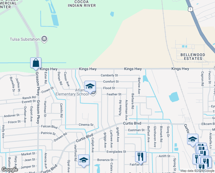 map of restaurants, bars, coffee shops, grocery stores, and more near 4490 Flood Street in Cocoa