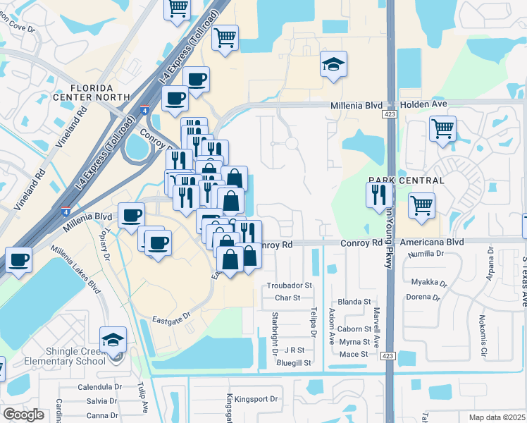map of restaurants, bars, coffee shops, grocery stores, and more near 3725 Conroy Road in Orlando
