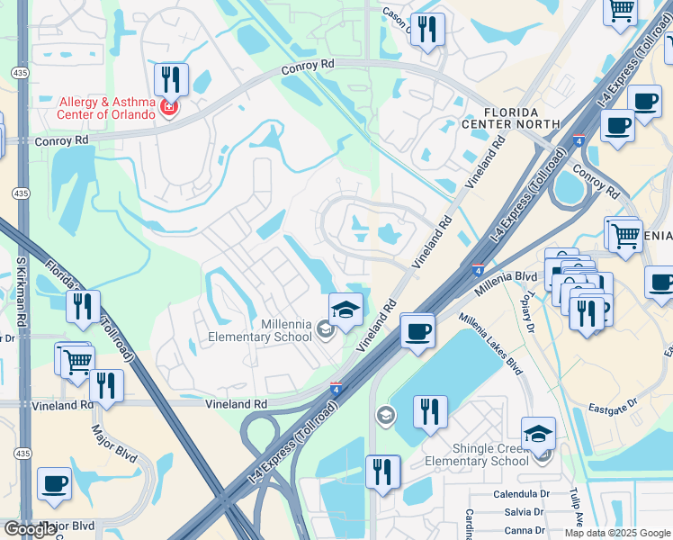 map of restaurants, bars, coffee shops, grocery stores, and more near 4855 Walden Circle in Orlando