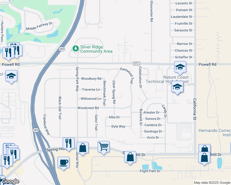 map of restaurants, bars, coffee shops, grocery stores, and more near 4014 Clear Spring Road in Spring Hill