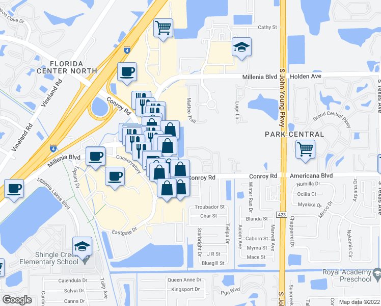 map of restaurants, bars, coffee shops, grocery stores, and more near 3725 Conroy Road in Orlando