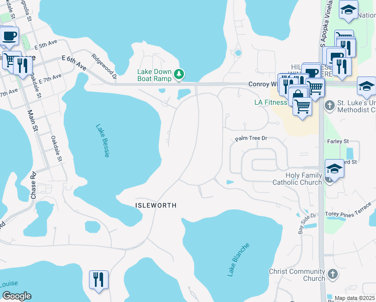 map of restaurants, bars, coffee shops, grocery stores, and more near 5092 Isleworth Country Club Drive in Windermere
